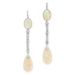 A PAIR OF OPAL AND DIAMOND EARRINGS each set with a polished drop shaped opal cabochon, suspended