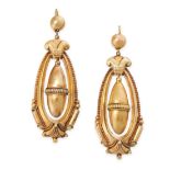 A PAIR OF ANTIQUE DROP EARRINGS, 19TH CENTURY in yellow gold, in the revivalist manner, each