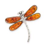 TWO AMBER BROOCHES in silver, one designed as a dragonfly, set with pieces of amber to the wings,