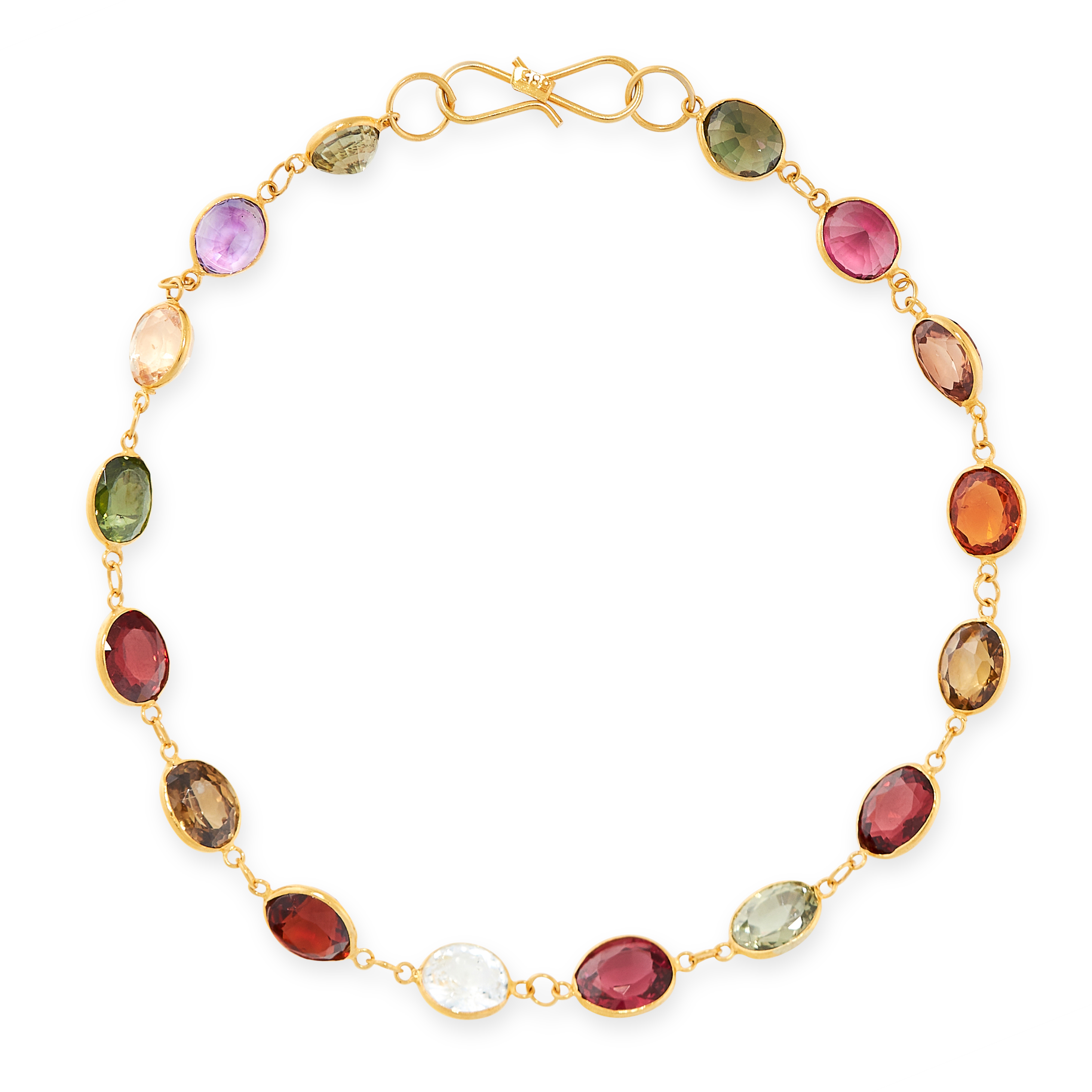 A GEMSET BRACELET comprising a single row of oval cut gemstones including amethyst, garnet, green