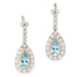 A PAIR OF AQUAMARINE AND DIAMOND EARRINGS each set with a pear cut aquamarine of 1.77 and 1.63
