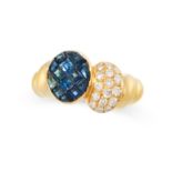 A SAPPHIRE AND DIAMOND RING in 18ct yellow gold, the face mystery set to one half with blue