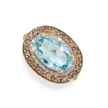 AN AQUAMARINE AND DIAMOND RING in 18ct yellow gold, set with an oval cut aquamarine of 1.95 carats