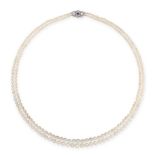 A NATURAL PEARL, SAPPHIRE AND DIAMOND NECKLACE in 14ct white gold, comprising two rows of