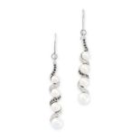 A PAIR OF PEARL, BLACK DIAMOND AND DIAMOND EARRINGS each set with four pearls within scrolling