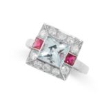 AN AQUAMARINE, RUBY AND DIAMOND RING in platinum, set with a square cut aquamarine of 1.30 carats,