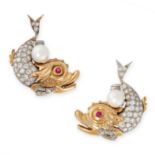 A PAIR OF VINTAGE DIAMOND, RUBY AND PEARL EARRINGS each in the form of a dolphin, pave set with