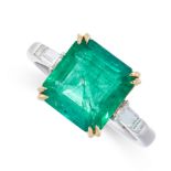 AN EMERALD AND DIAMOND RING in 18ct white gold and yellow gold, set with an octagonal cut emerald of