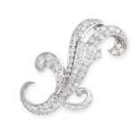 A VINTAGE DIAMOND BROOCH in platinum, the scrolling body set with round cut diamonds, the diamonds