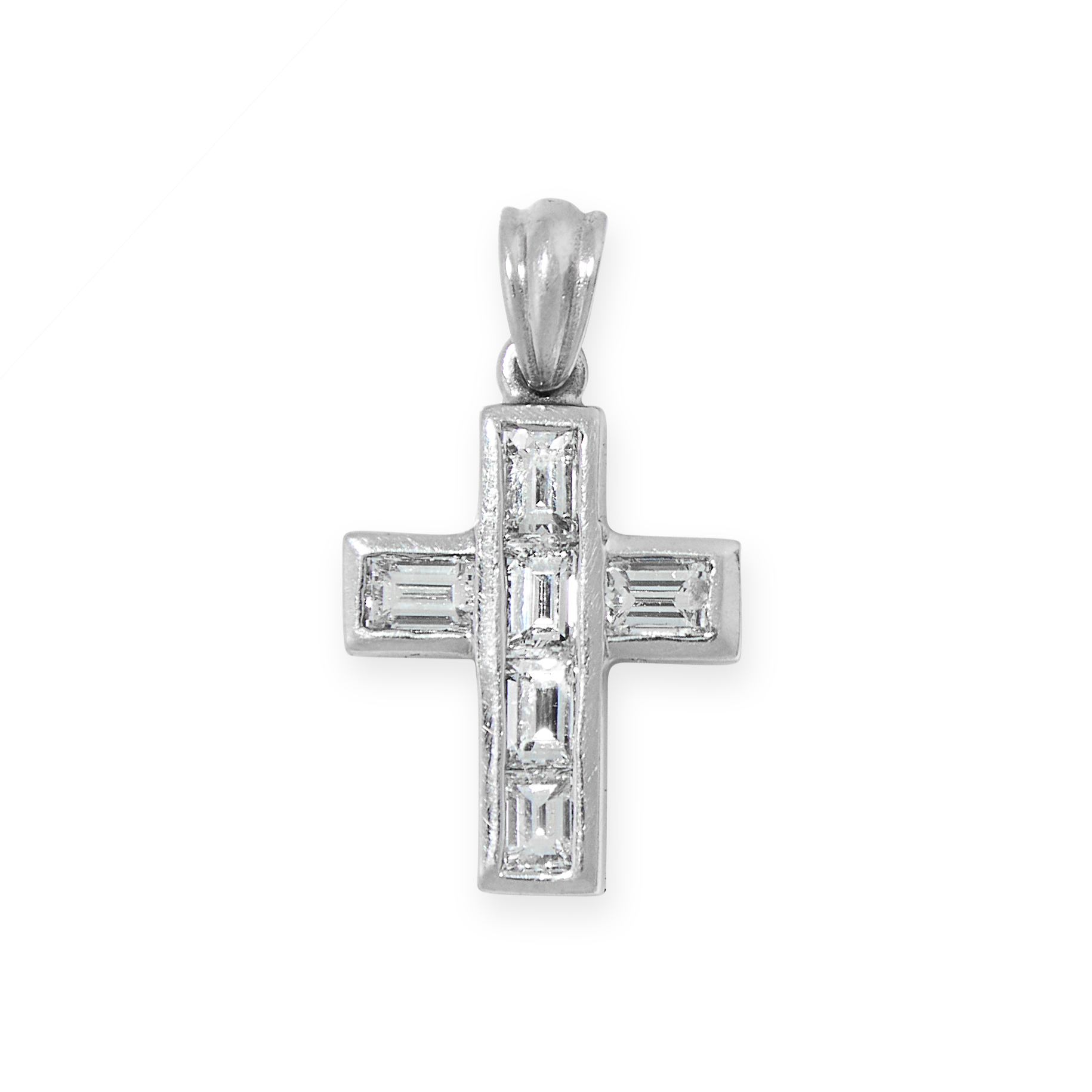 A DIAMOND CROSS PENDANT in 18ct white gold, set with baguette cut diamonds, the diamonds all