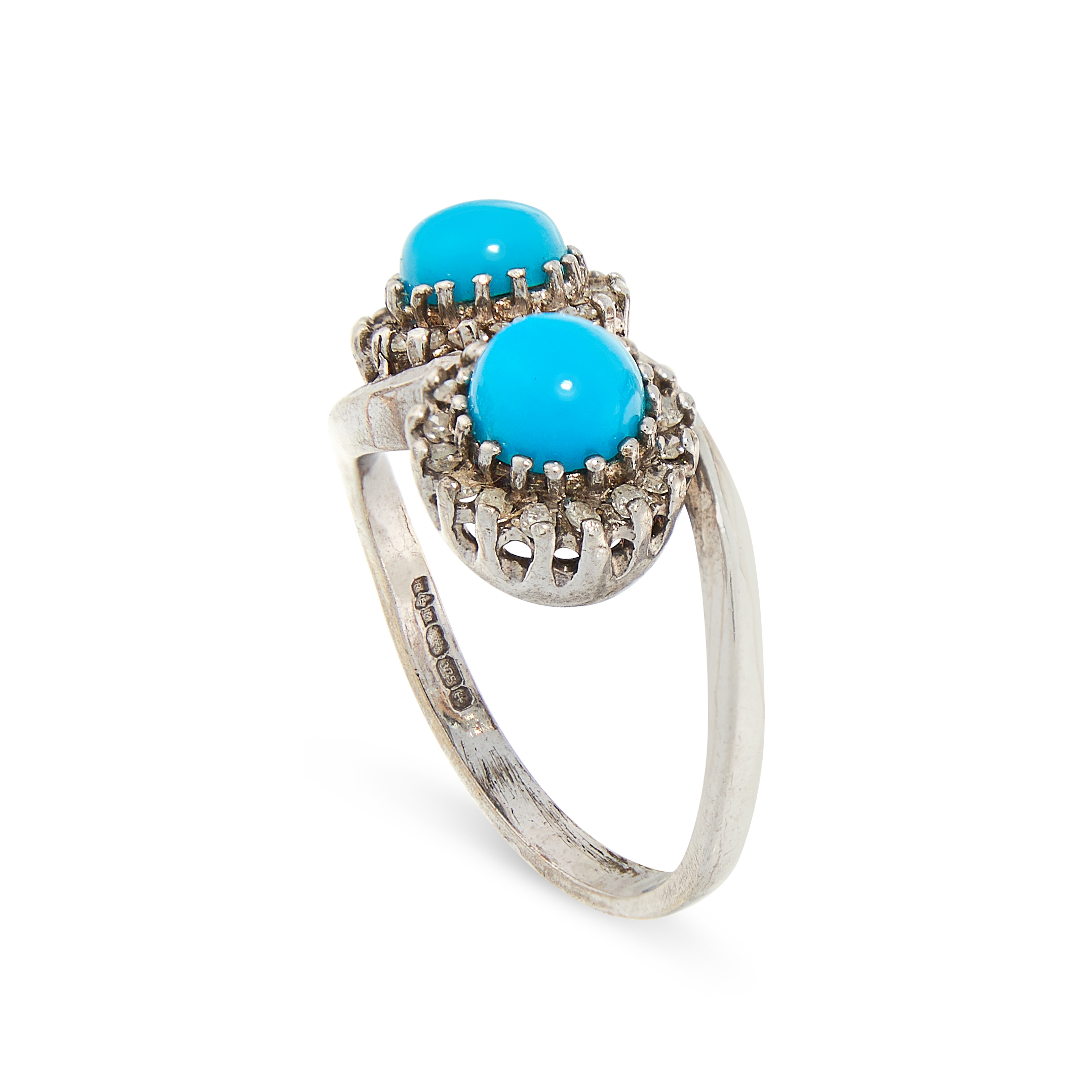 A TURQUOISE AND DIAMOND TOI ET MOI RING in 9ct yellow gold, set with two round cabochon turquoise in - Image 2 of 2