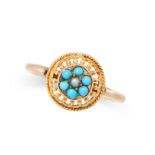 A TURQUOISE AND PEARL RING in yellow gold, set with a pearl within a border of cabochon turquoise,