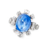 A SAPPHIRE AND DIAMOND RING in platinum, set with an oval cabochon blue sapphire of 9.64 carats,