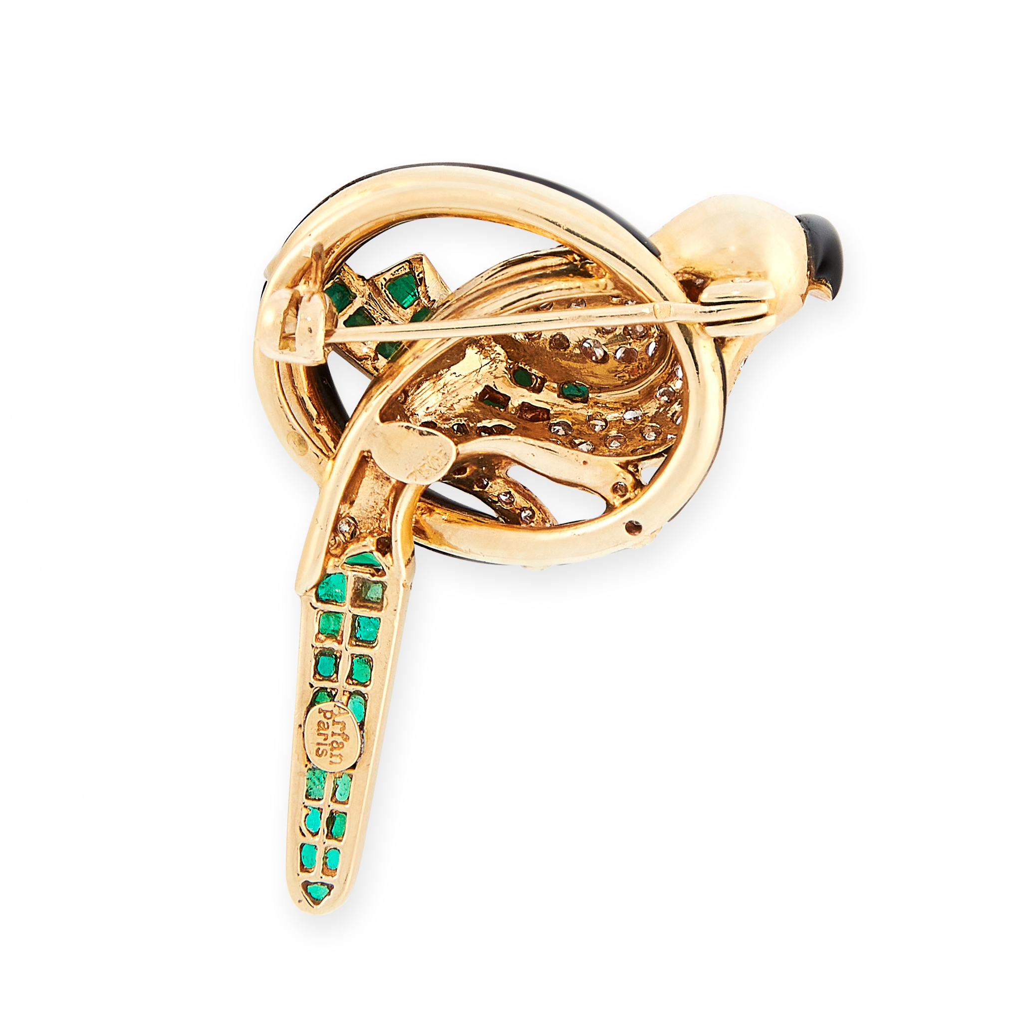 A VINTAGE EMERALD, DIAMOND, ONYX AND RUBY BROOCH, ARFAN PARIS in 18ct yellow gold, designed as a - Image 2 of 2