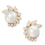 A PAIR OF PEARL AND DIAMOND CLIP EARRINGS in 18ct yellow gold, each set with a pearl of 11.0mm,