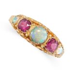 AN ANTIQUE VICTORIAN OPAL AND GARNET RING, 1869 in 15ct yellow gold, set with a trio of graduated