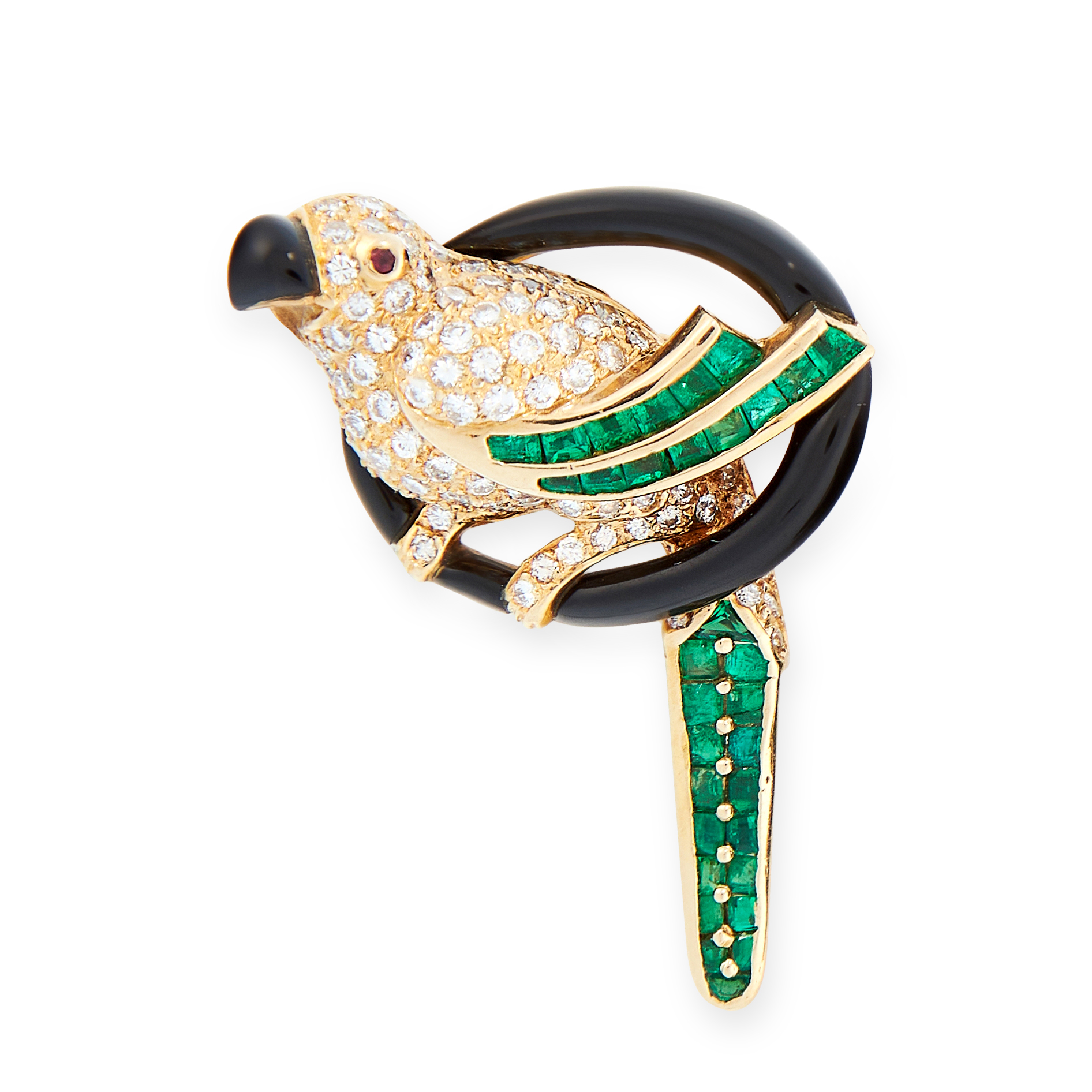 A VINTAGE EMERALD, DIAMOND, ONYX AND RUBY BROOCH, ARFAN PARIS in 18ct yellow gold, designed as a