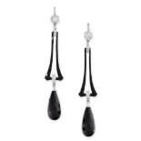A PAIR OF ONYX, ENAMEL AND DIAMOND EARRINGS each set with a briolette cut onyx drop, suspended below