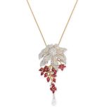 A RUBY AND DIAMOND PENDANT AND CHAIN designed as a flower, set with round and baguette cut