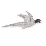 AN ANTIQUE DIAMOND AND ENAMEL PHEASANT BROOCH designed as a pheasant in flight, the head decorated