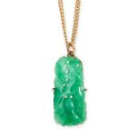 A NATURAL JADEITE JADE PENDANT AND CHAIN in yellow gold, set with a polished piece of jadeite,
