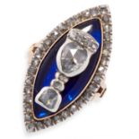 AN ANTIQUE DIAMOND AND BLUE GLASS BAGUE DE FIRMAMENT RING, 19TH CENTURY in yellow gold and silver,