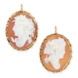 A PAIR OF ANTIQUE CAMEO EARRINGS in yellow gold, each set with an oval cameo, carved to depict the