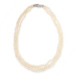 A PEARL AND DIAMOND NECKLACE, GARRARD comprising three rows of pearls ranging from 3.3mm to 7.5mm,