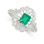 AN EMERALD AND DIAMOND RING set with a step cut emerald of 0.63 carats within a border of old cut