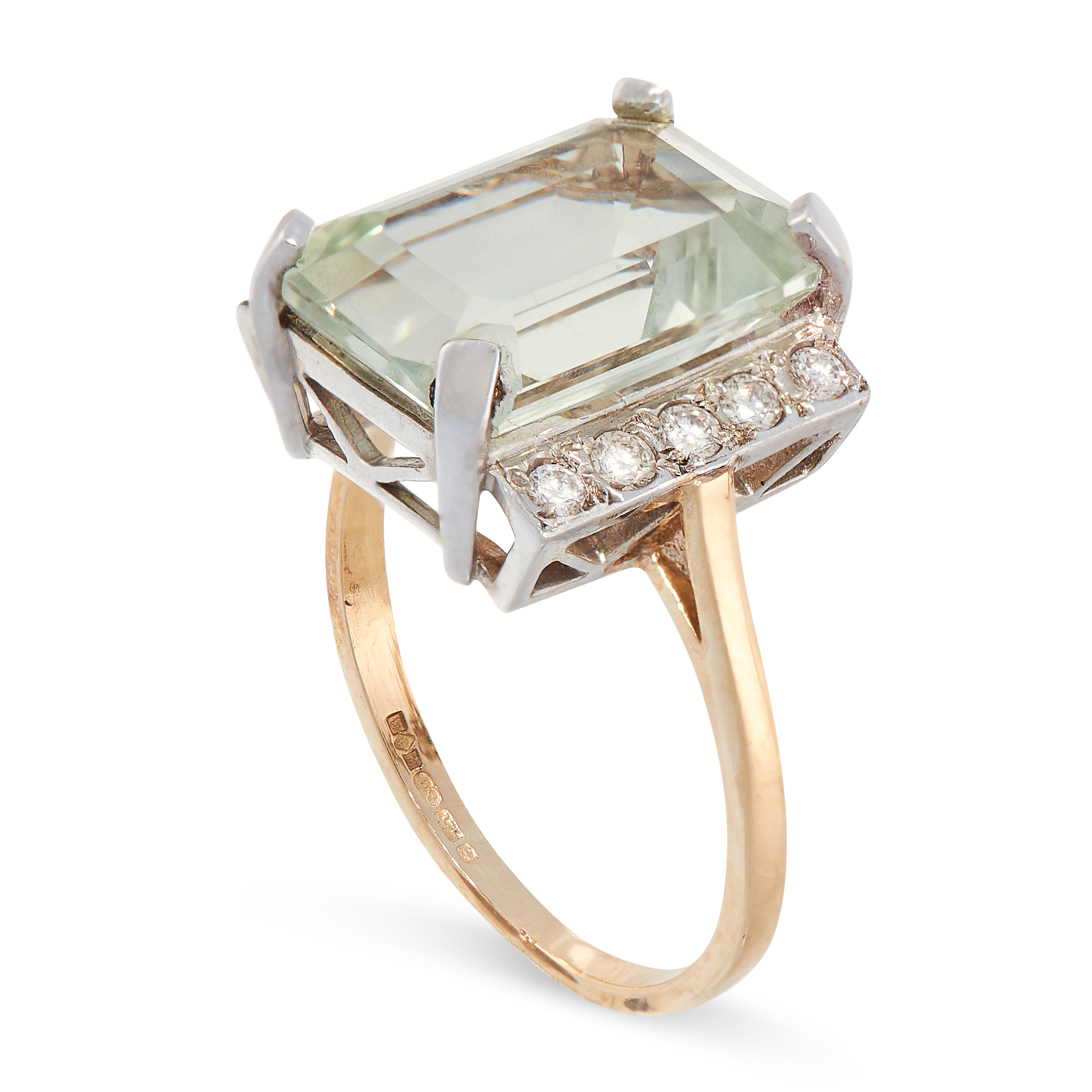 A PRASIOLITE AND DIAMOND RING in yellow gold, set with an emerald cut prasiolite accented by two - Image 2 of 2