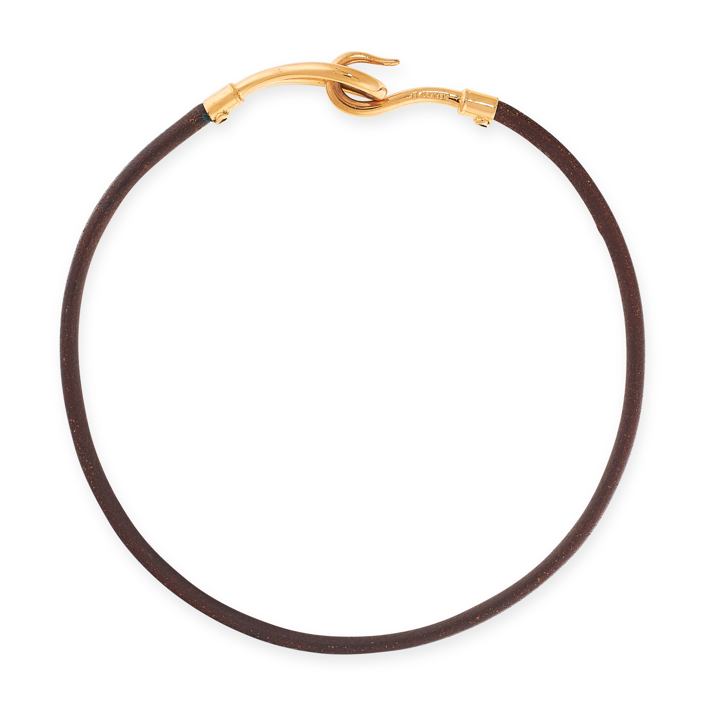 A JUMBO CHOKER NECKLACE, HERMES the brown leather cord with gilt hook mounts, signed Hermes, 38.