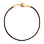 A JUMBO CHOKER NECKLACE, HERMES the brown leather cord with gilt hook mounts, signed Hermes, 38.