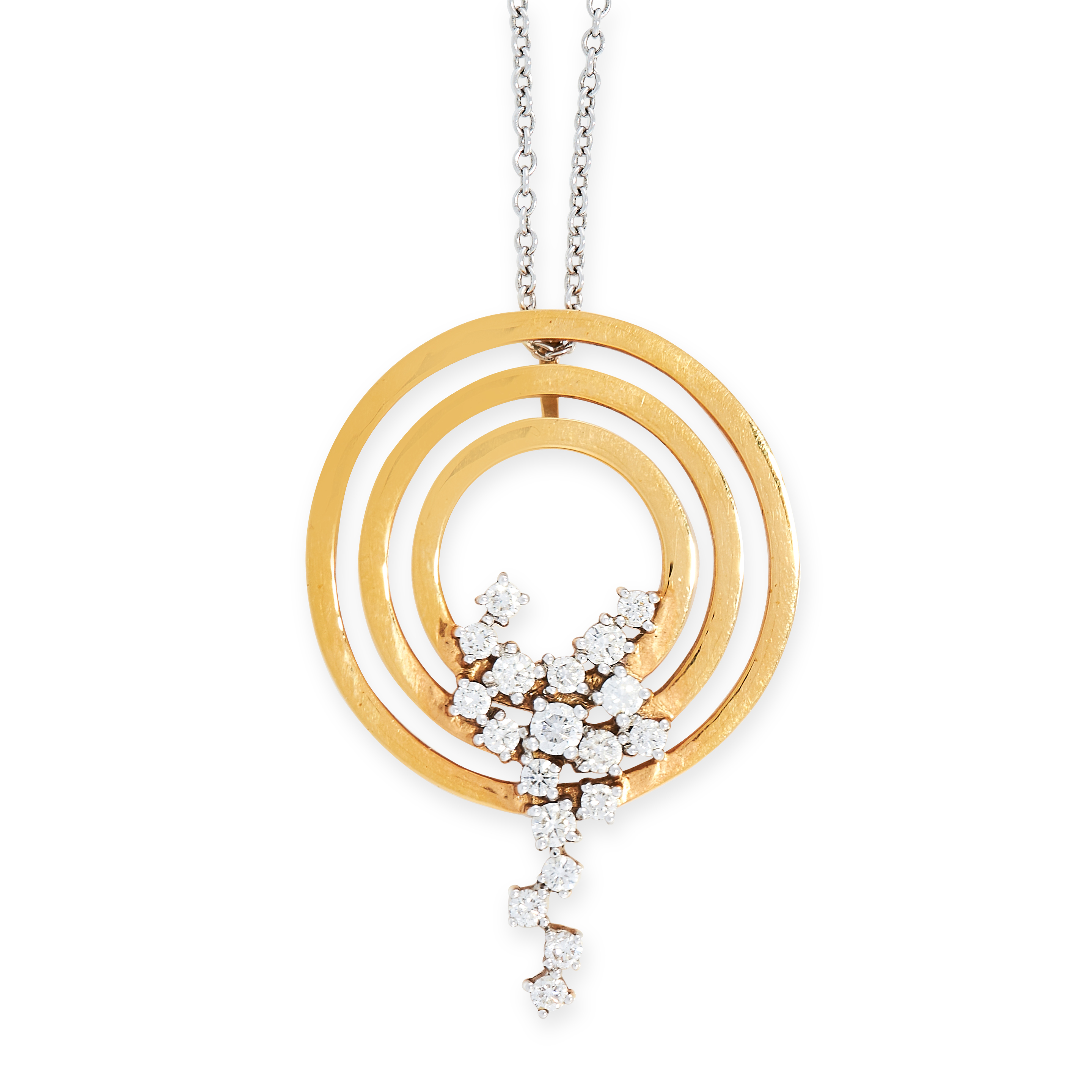 A DIAMOND PENDANT AND CHAIN NECKLACE formed of three concentric circles accented by round cut