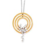 A DIAMOND PENDANT AND CHAIN NECKLACE formed of three concentric circles accented by round cut