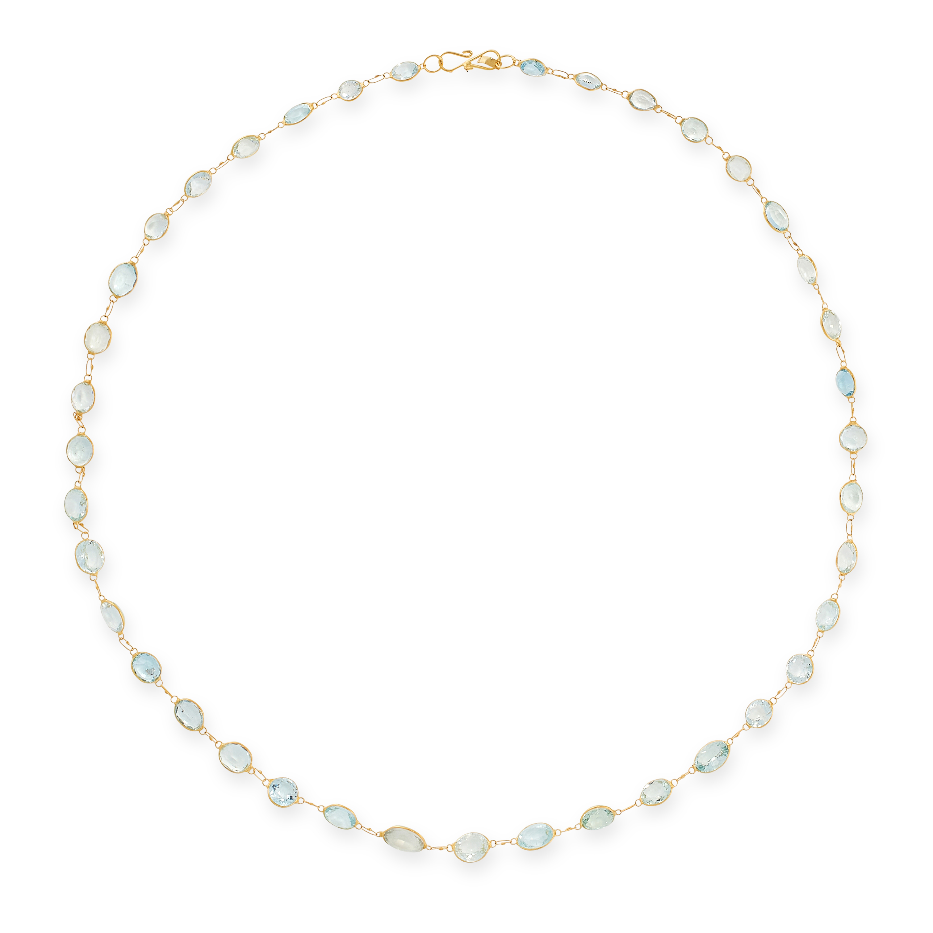 AN AQUAMARINE CHAIN NECKLACE comprising a single row of forty-one graduated oval cut aquamarines,