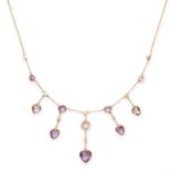 AN ANTIQUE EDWARDIAN AMETHYST AND PEARL NECKLACE in yellow gold, set with alternating round cut