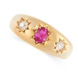 AN ANTIQUE VICTORIAN RUBY AND DIAMOND GYPSY RING, 1896 in 18ct yellow gold, set with a cushion cut