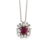 AN UNHEATED RUBY AND DIAMOND PENDANT set with a cushion cut ruby of 0.91 carats in a border of round