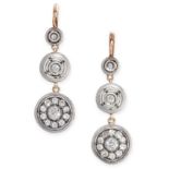 A PAIR OF ART DECO DIAMOND EARRINGS each comprising of three circular motifs jewelled with old cut