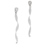 A PAIR OF DIAMOND DROP EARRINGS in spiralling design, each set with rows of round cut diamonds,