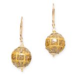 A PAIR OF DIAMOND DROP EARRINGS in yellow gold, the spherical bodies jewelled with flat cut