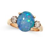 AN OPAL AND DIAMOND RING in 9ct yellow gold, set with an oval triplet cabochon opal between two