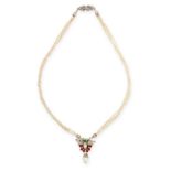 A PEARL, DIAMOND AND ENAMEL PENDANT NECKLACE in 18ct yellow gold and white gold, of foliate