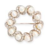 A DIAMOND AND PEARL BROOCH designed as a wreath of pearls, accented by single cut diamonds, no assay