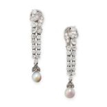 A PAIR OF PEARL AND DIAMOND EARRINGS in 18ct white gold, each set with a black pearl, suspended