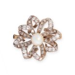 AN ANTIQUE NATURAL PEARL AND DIAMOND BROOCH in yellow gold and silver, set to the centre with a