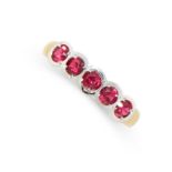 A RUBY RING in 18ct yellow gold, set with five round cut rubies, British hallmarks, size M / 6, 5.