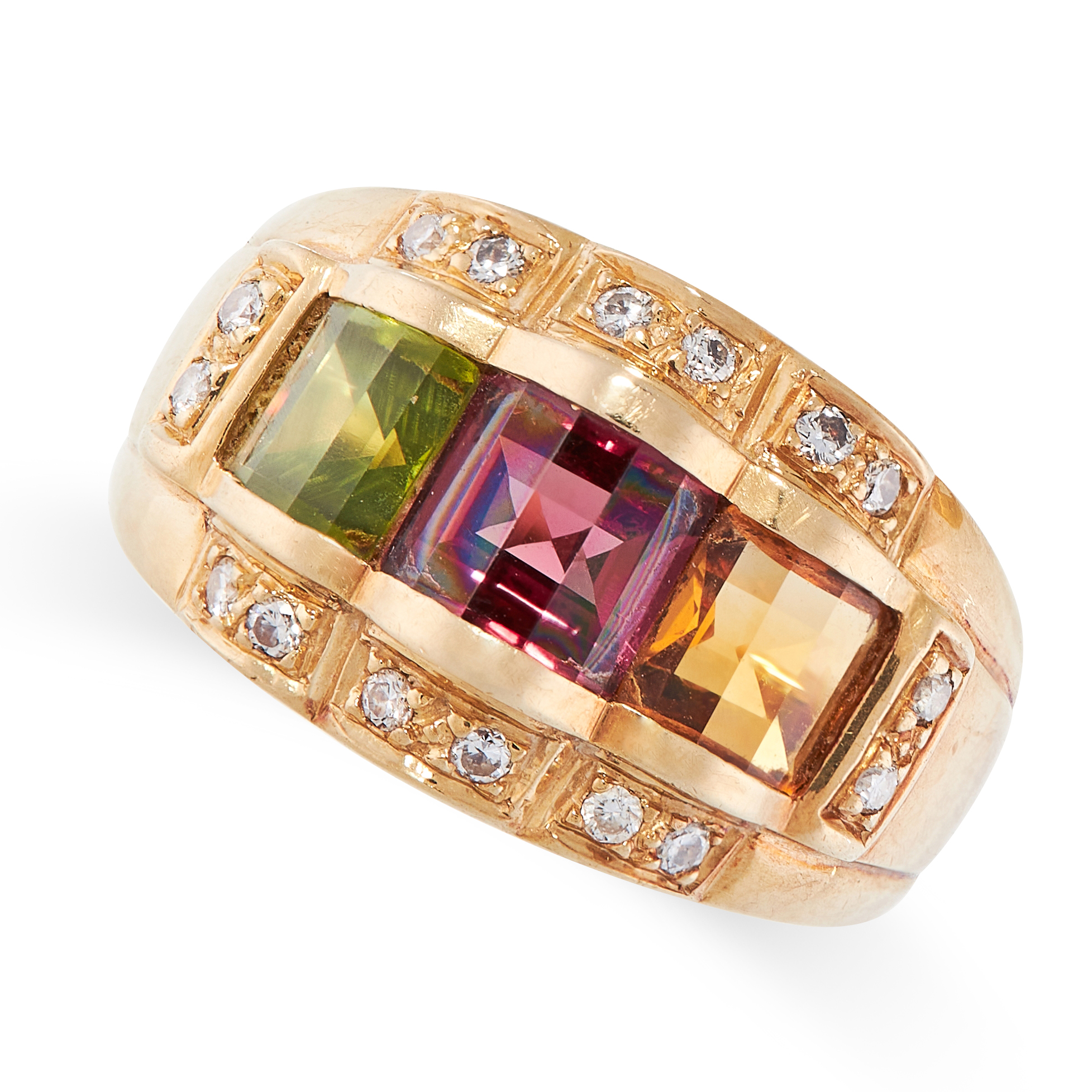 A CITRINE, GARNET, PERIDOT AND DIAMOND RING in 18ct yellow gold, set with a central panel of