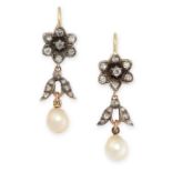 A PAIR OF PEARL AND DIAMOND EARRINGS in yellow gold and silver, each set with a pearl below