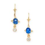 A PAIR OF SAPPHIRE AND DIAMOND EARRINGS in yellow gold, each set with a cushion cut blue sapphire of